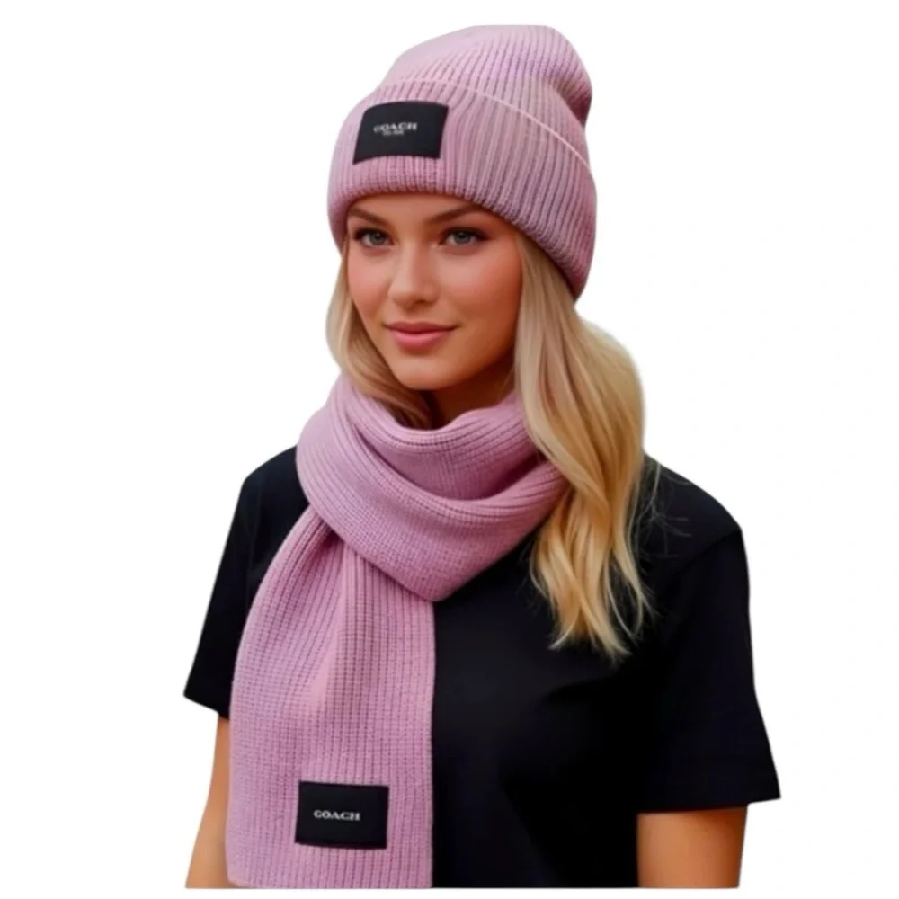Coach Pink Knit Woven Beanie & Oversized Scarf Set Wool Blend Gift Set NWT $225 - Picture 5 of 5